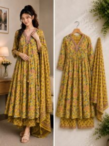 Womens Beautiful Rayon Aliya Cut Embroidered Kurti With Pant and Dupatta Set🔥🔥